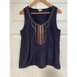 Pixley Tank Top Brass Sequin‎ Embellished Sleeveless Casual Blouse Navy Blue M